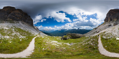 Hiking at Passo Falzarego - Cortina d'Ampezzo - Italy - Equirectangular 360 degree landscape