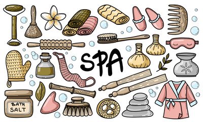 Spa and massage hand drawn elements set. Doodle bath tools clipart concept collection.