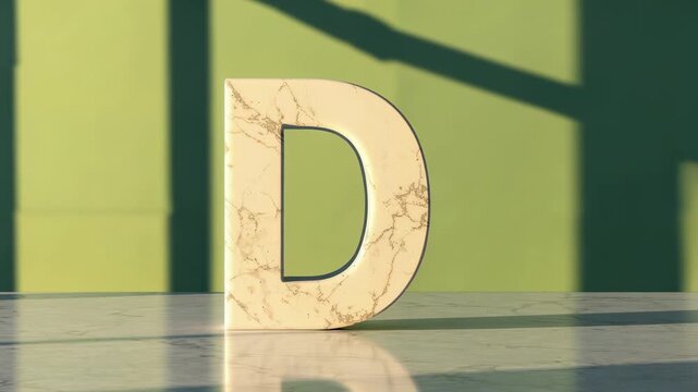 Sunlight casting window grid shadow across marble letter D on tabletop in studio, showing contours - Powered by Adobe