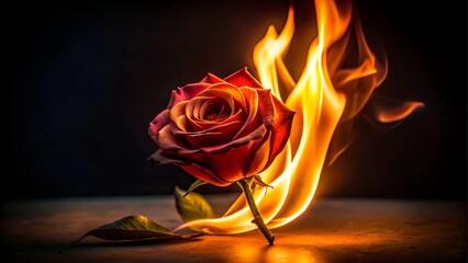Red rose on fire with dramatic lighting