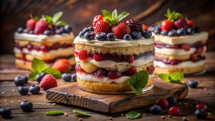 Delicious layered cake with fresh berries and mint