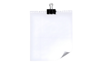 Blank torn paper sheet held by binder clip isolated on transparent background