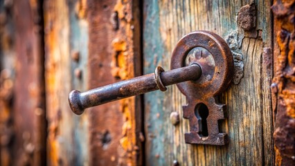 Rusty old key in a weathered wooden door lock