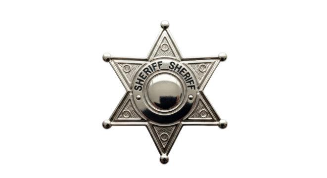 Isolated silver sheriff badge, metal symbol of law enforcement, department, security duty