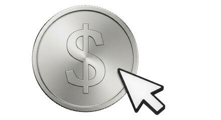 Isolated dollar coin with cursor arrow suggesting making money online financial click