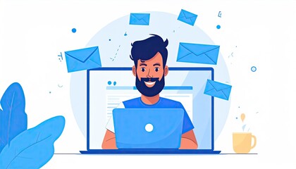 Man working on laptop with emails flying around