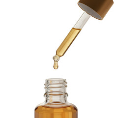 Serum glass dropper bottle with drop falling mid-air. transparent background