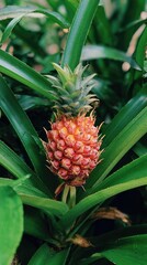 Obraz premium A vibrant image of a small, ripe pineapple amidst its green, spiky leaves, captured in a natural setting