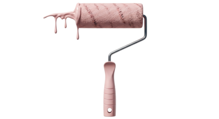 Isolated pink paint roller covered in paint, home improvement tool for decorating walls
