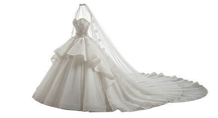 Elegant long sleeve wedding dress in ivory isolated PNG with Transparent Background