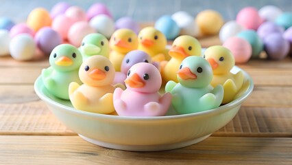 Bowl of colorful rubber ducklings on wood