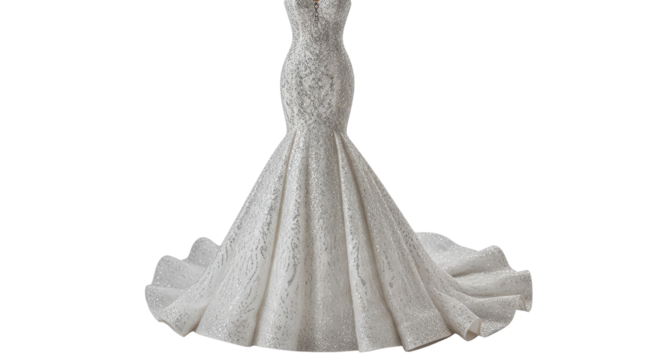 Elegant long sleeve wedding dress in ivory isolated PNG with Transparent Background