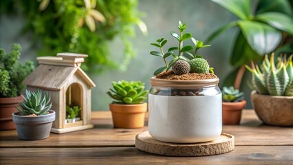 Succulent plants in pots and jar on wooden table