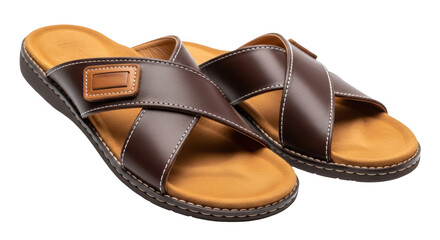 Isolated brown leather summer cross-strap sandals without background in detailed close-up view
