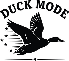 Duck Mode – Flying Duck Silhouette with Stars and Motion Lines in Bold Motivational Graphic