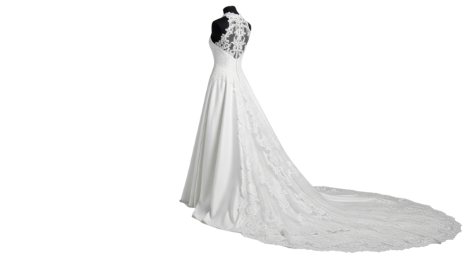 Elegant long sleeve wedding dress in ivory isolated PNG with Transparent Background