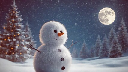 Camera initiating pullback to reveal twig-armed snowman in moonlit clearing, with lit pine - Powered by Adobe