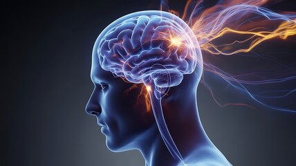 Ethereal human brain with glowing energy streams human head