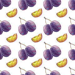 Watercolor seamless pattern with ripe plums, whole and lobed, on a white background. Botanical illustration of fruits for use in cooking or gardening. For textiles, tableware or packaging