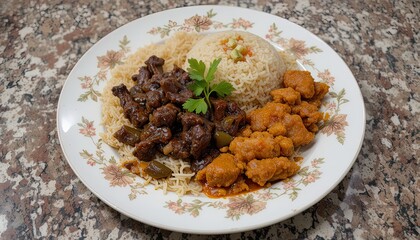 A beautifully arranged plate presents a savory meal, showcasing different components: tender dark meat pieces, a mound of fluffy brown rice, and appetizing crispy fried food with a rich, vibrant...