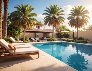 Obraz premium Luxurious poolside patio with palm trees, sun loungers, and a modern home