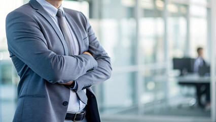 Confident businessman in a suit and tie standing in an office, success and professional confidence