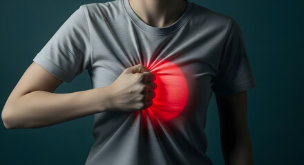 Painful, Heart Attack Concept. Young Adult Woman Squeezed a Red Balloon against her Chest. Heart Disease or feeling very Heartbreak and Sorrow