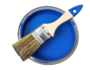 Paint can with brush, vibrant blue color