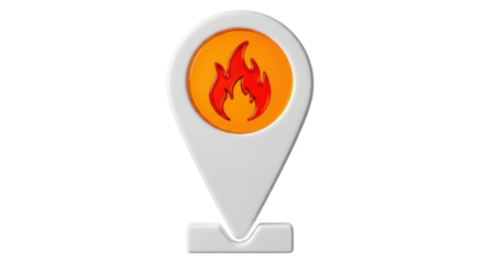 Isolated location icon for emergencies and urgent support, map marker with flame symbol