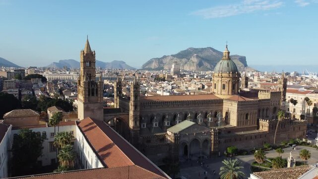 Aerial 4k drone footage of Cattedrale di Palermo in Sicily, Italy, showcasing the historic cathedral, city center, surrounding streets, rooftops, and panoramic views of Palermo