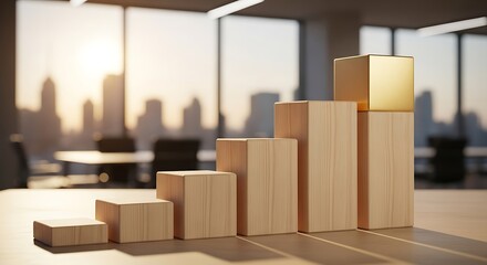 Wooden block chart showing growth with a golden block on top in an office setting
