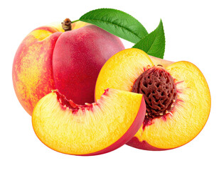 Fresh peaches, whole and sliced, vibrant colors,  juicy