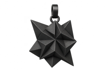 Dark metallic geometric star pendant isolated on a transparent background