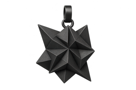 Dark metallic geometric star pendant isolated on a transparent background