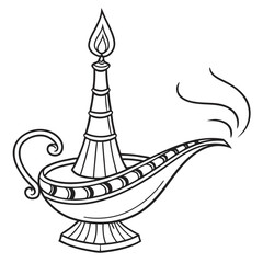 A classic black and white line art illustration of an ornate genie lamp with a lit flame and wisps of smoke emanating from its spout