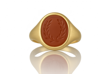 Gold Signet Ring, Red Laurel Wreath, Isolated, Transparent Background