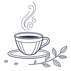 A charming hand drawn line art illustration of a steaming cup of coffee on a saucer with coffee beans and a delicate branch with leaves