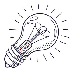 A hand drawn sketch of a glowing light bulb symbolizing a bright idea or innovation with radiating lines of light against a white background