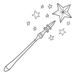 A hand drawn outline of a magic wand with a star tip creating magical sparkling stars on a white background