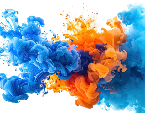 Vibrant mix of blue and orange inks swirling in liquid