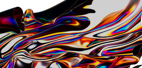 Abstract 3D render of iridescent flowing shapes with a dynamic spectrum of color and form, ideal for modern design backgrounds.