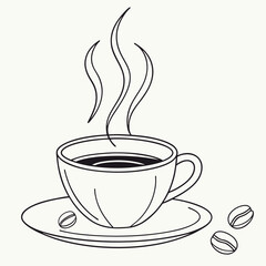 A simple line drawing of a steaming cup of black coffee on a saucer with three coffee beans scattered nearby