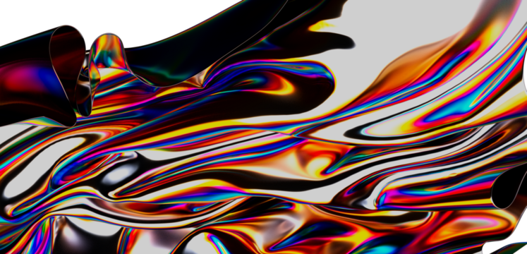 Abstract 3D render of iridescent flowing shapes with a dynamic spectrum of color and form, ideal for modern design backgrounds.