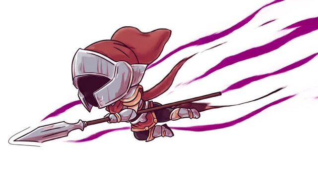 Animated cartoon knight with spear dynamic motion against a white background