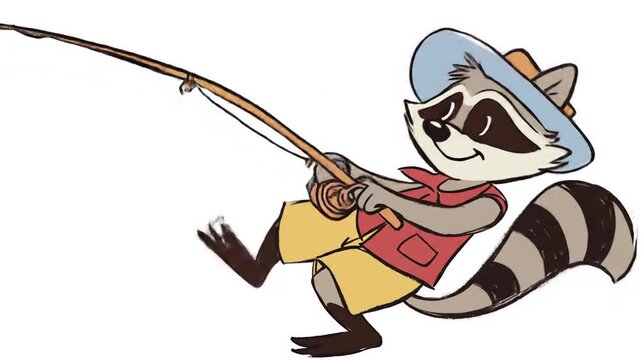 Cartoon raccoon fishing with rod and reel on white background