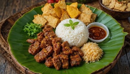 Delicious assortment of food presents a cultural culinary experience, featuring tender cooked protein arranged artfully with fluffy white rice, crispy crackers, and flavorful dipping sauce, all...