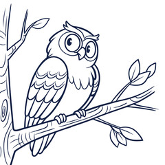 Cute cartoon owl perched on a tree branch with leaves in a simple outline drawing style for coloring
