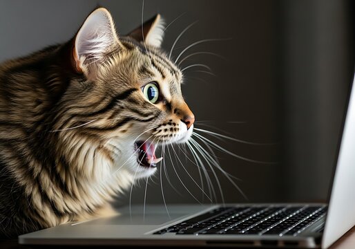 Tabby cat with green eyes and open mouth looking at laptop - Powered by Adobe