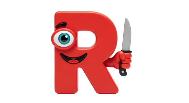 Isolated Red Letter R Mascot Character with a Knife Weapon, Funny Animation Figure