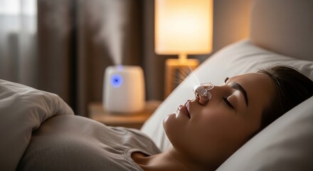 A woman is sleeping with a humidifier on her face. Woman sleeping with a humidifier, ideal for sleep health blogs, home wellness products, or allergy relief advertisements.